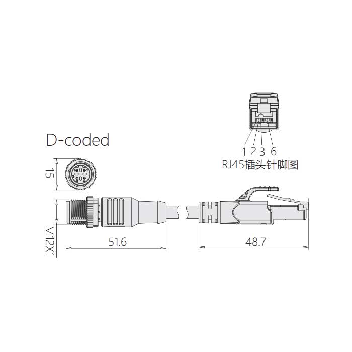 M12 4Pin D-coded、公頭直型轉(zhuǎn)RJ45公頭直型、雙端預(yù)鑄PUR柔性電纜、帶屏蔽、黃色護(hù)套、0C4142-XXX